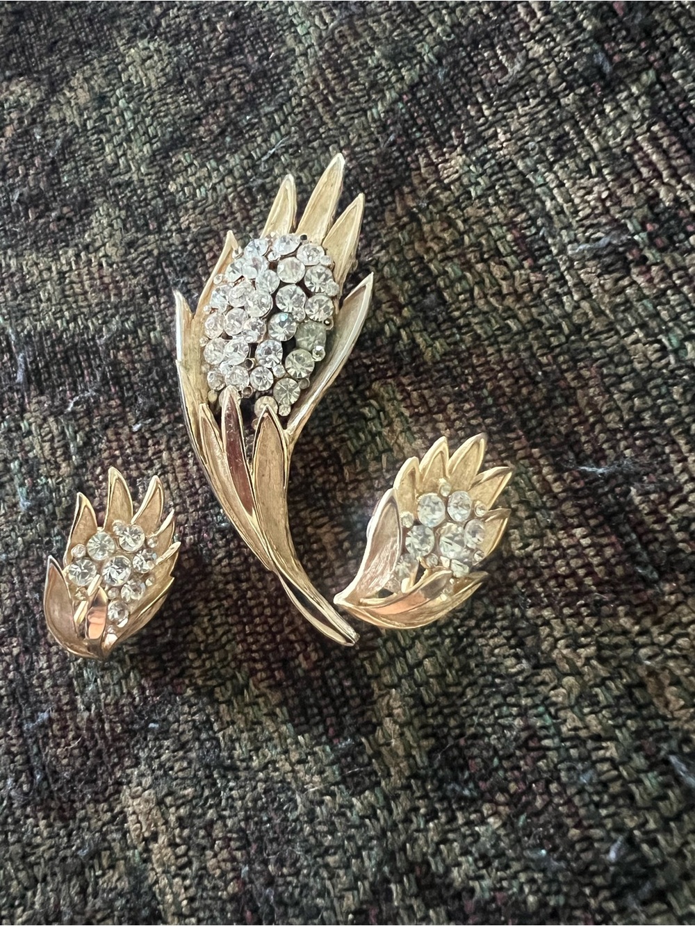 Gold-Tone Floral Crystal Brooch and Earring Set